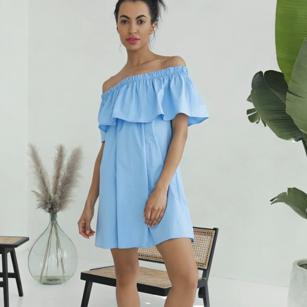 Monica Nera Carmen Off-Shoulder Mini Dress in Baby Blue Size Eur 38/US S